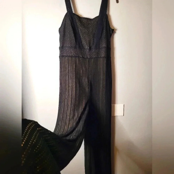 VENUS women's black open knit nude lined crochet lace wide leg jumpsuit, size L - Picture 2 of 12
